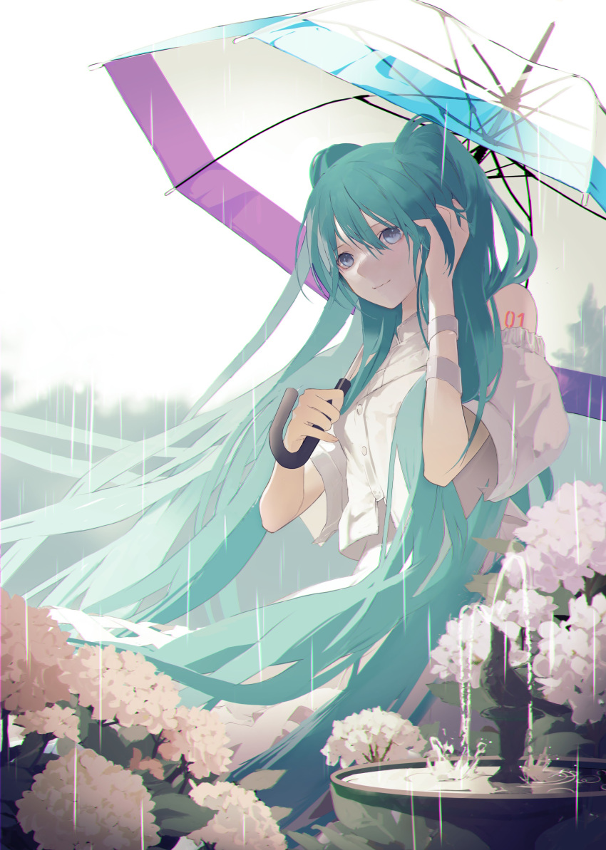 1girl, absurdres, arm_ribbon, bangs, bare_shoulders, bird_bath, blue_eyes, blue_hair