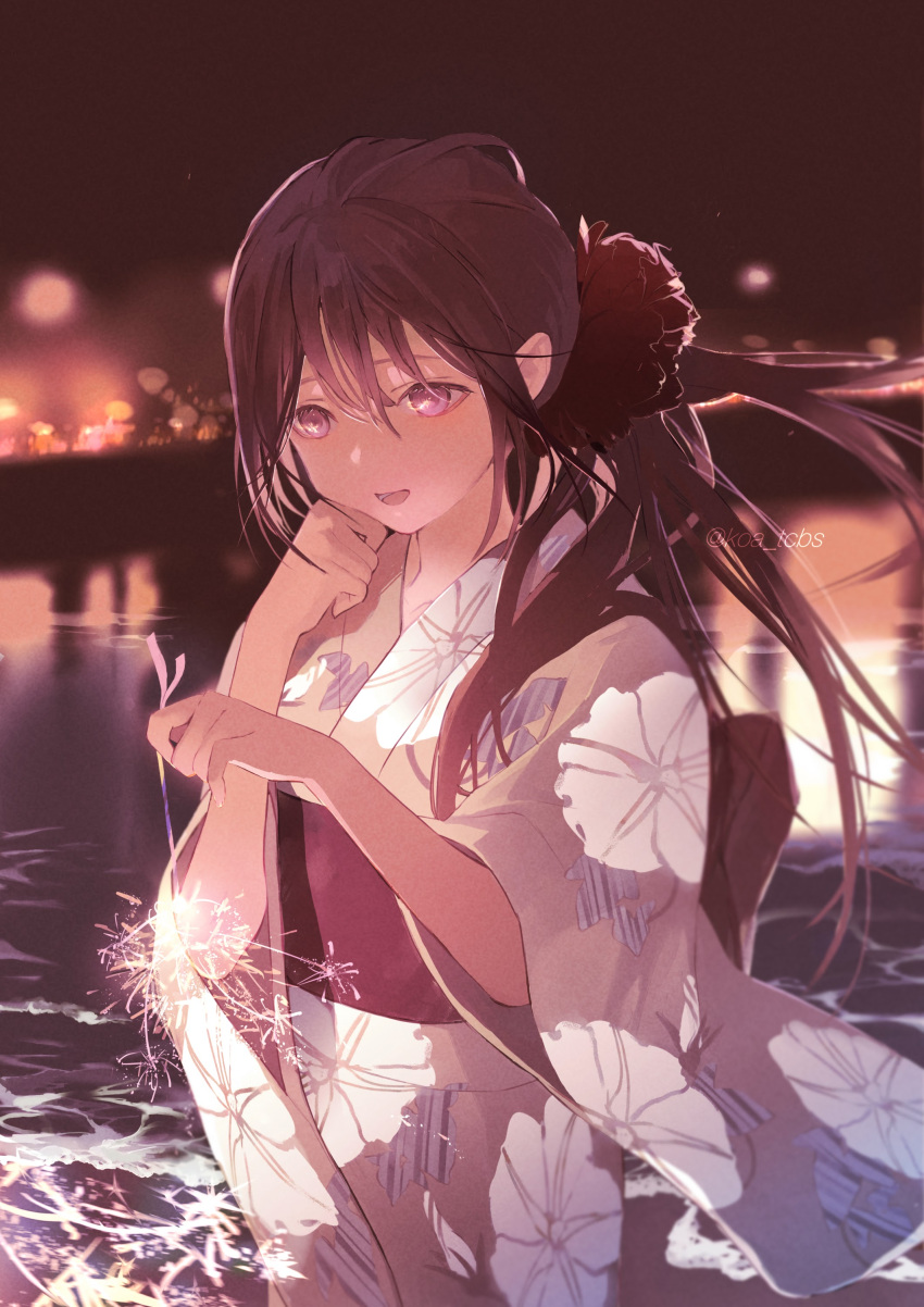 1girl, absurdres, bangs, blurry, blurry_background, brown_hair, fireworks, floral_print