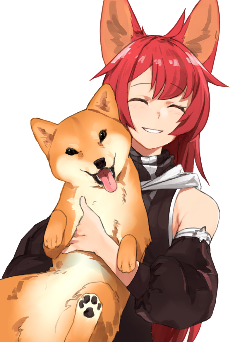 1girl, animal, animal_ears, bangs, blush, closed_eyes, detached_sleeves, dog