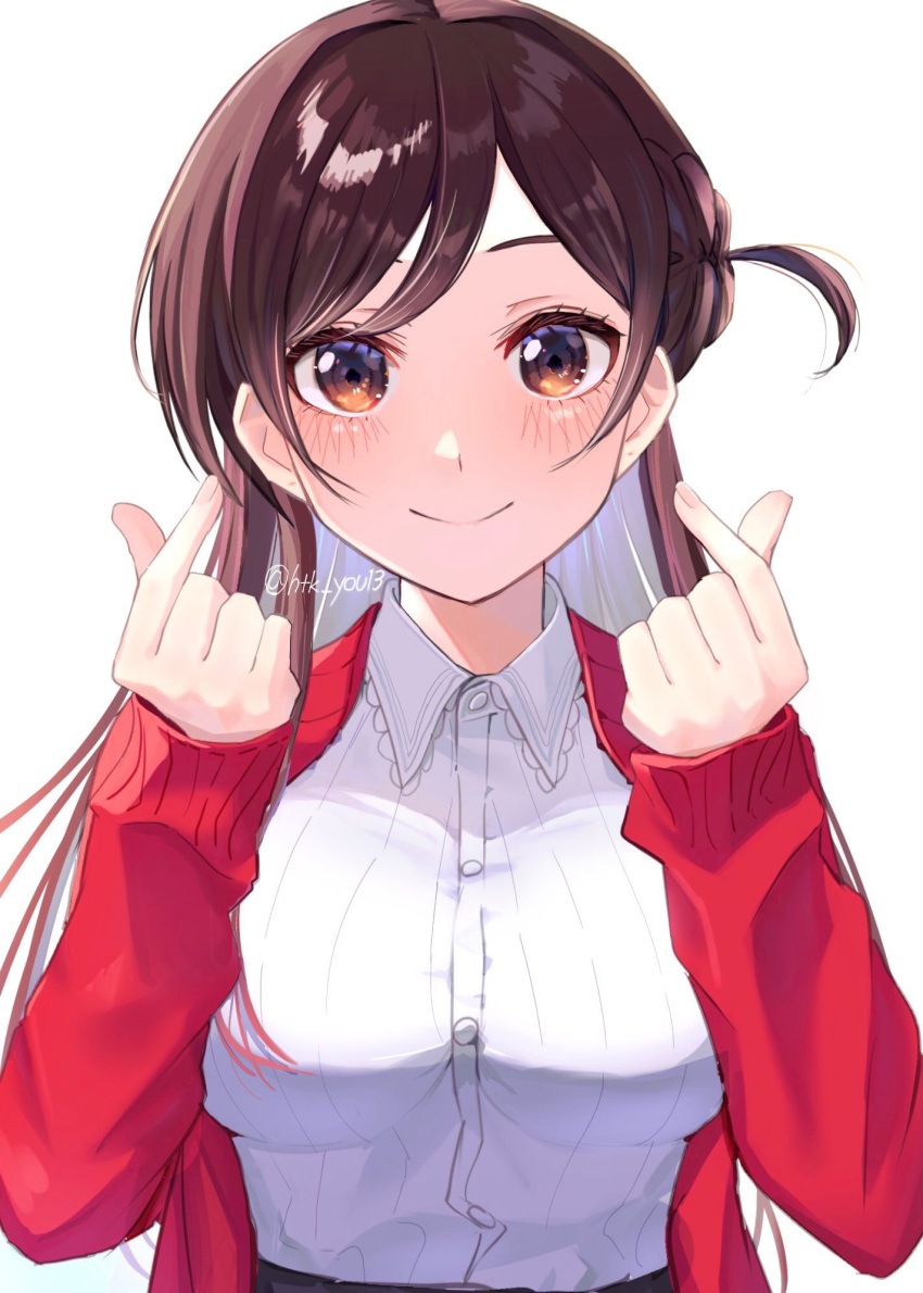 1girl, ahoge, artist_name, bangs, blush, braid, breasts, brown_eyes