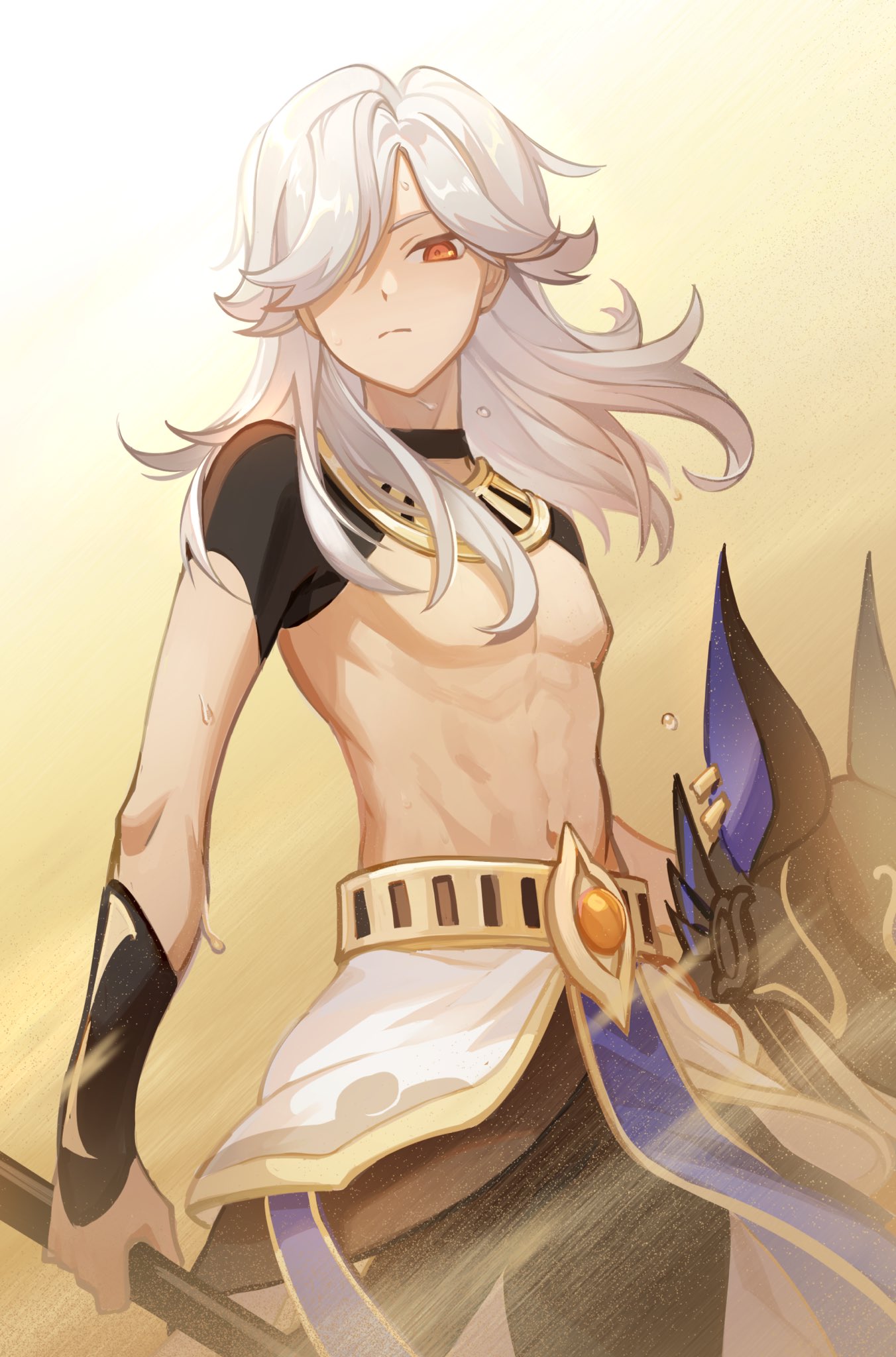 1boy, arabian_clothes, bishounen, brown_background, cancanbingo, cowboy_shot, cyno_(genshin_impact), dark-skinned_male