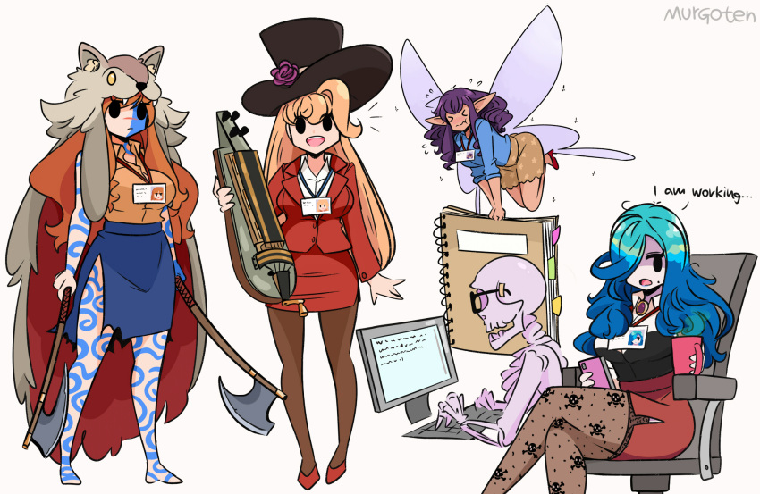 >_<, 4girls, :d, axe, bangs, barefoot, black_eyes, blonde_hair