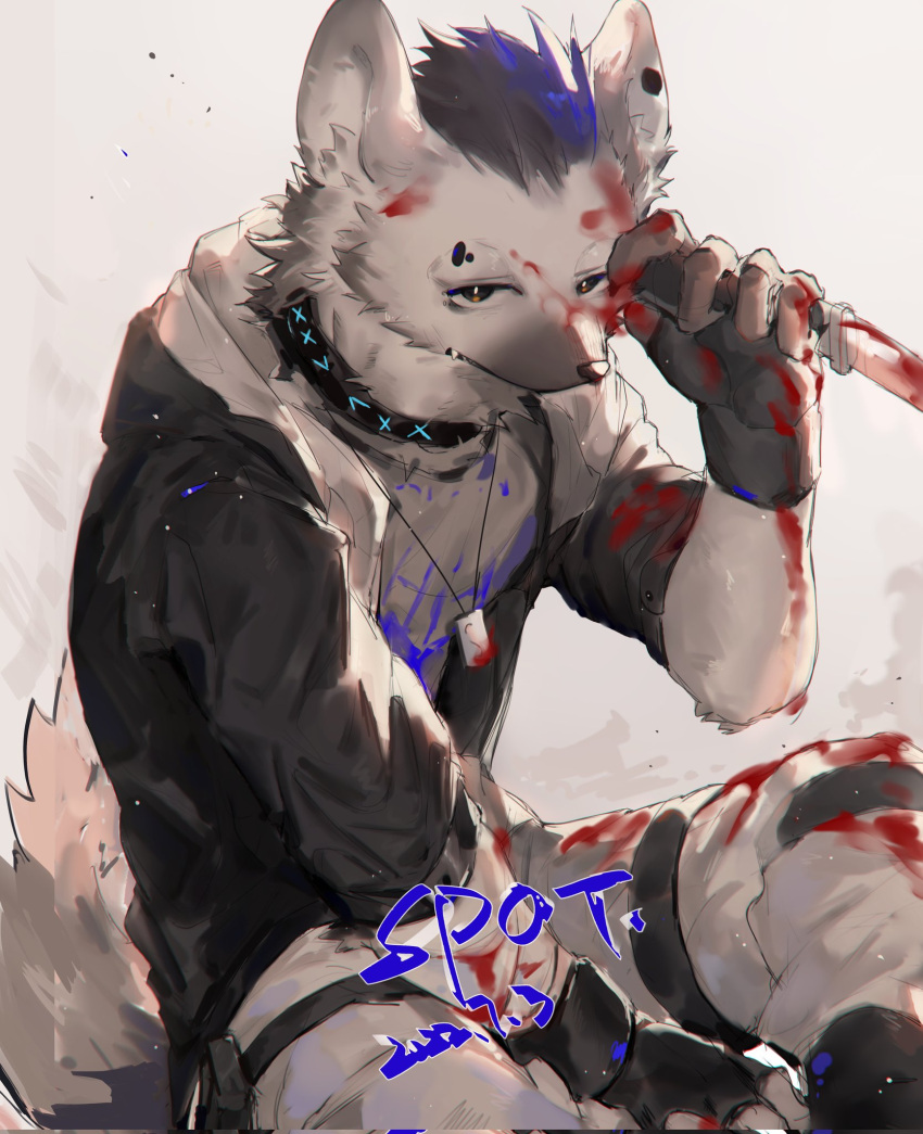 1boy, arknights, blood, blood_on_face, cowboy_shot, dog_tags, fingerless_gloves, fur
