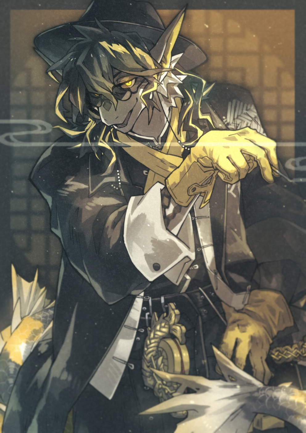 1boy, arknights, blonde_hair, cowboy_shot, dragon_boy, dragon_tail, formal, furry, furry_male, glasses, gloves, highres, lee_(arknights), looking_at_viewer, male_focus, morini_ochiteru, pointy_ears, scales, slit_pupils, smoking, solo, suit, tail, yellow_eyes, yellow_gloves