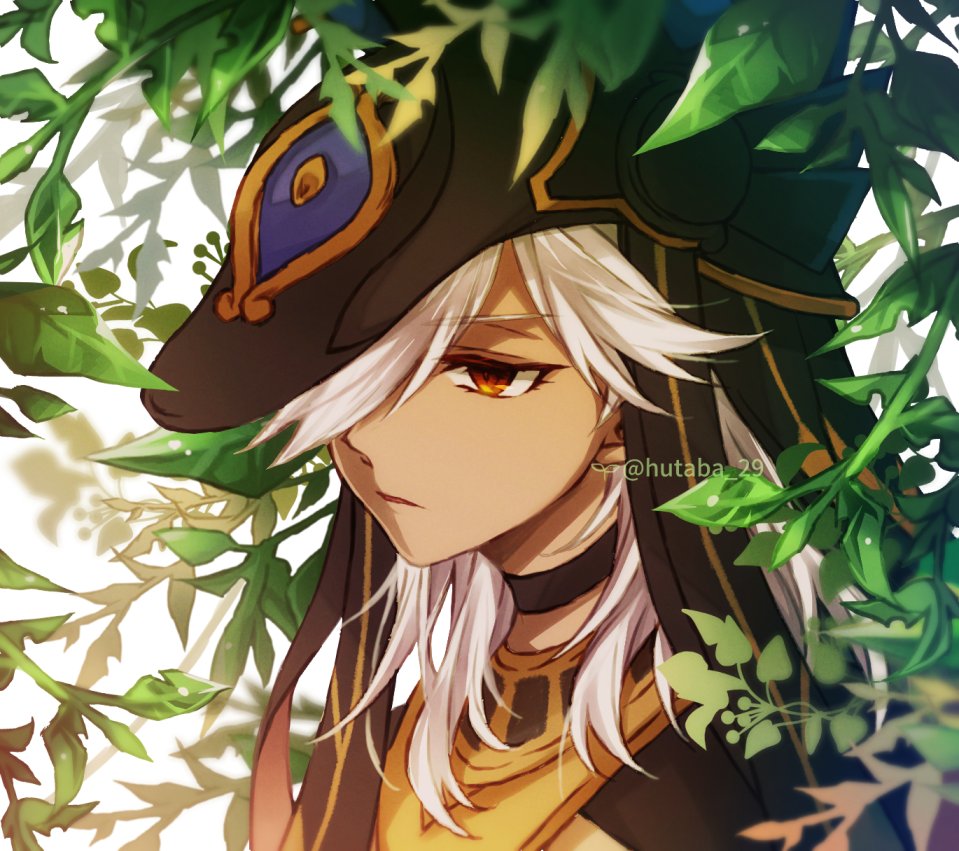 1boy, animal_hat, arabian_clothes, artist_name, bangs, black_choker, black_headwear, branch