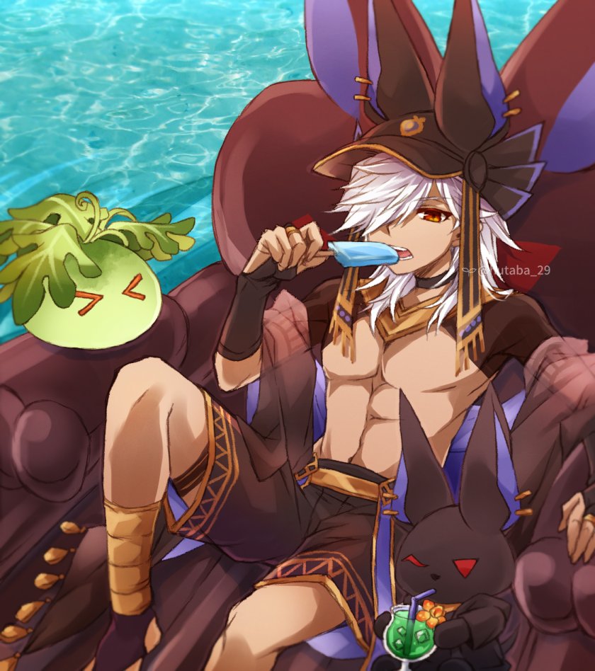 >_<, 1boy, abs, animal_ears, animal_hat, arabian_clothes, artist_name, bangs, black_headwear, bridal_gauntlets, brown_shorts, cyno_(genshin_impact), dark-skinned_male, dark_skin, drink, drinking_straw, ear_piercing, food, genshin_impact, hair_over_one_eye, hat, holding, holding_food, hutaba_29, inflatable_toy, jackal_ears, knee_up, looking_at_viewer, lying, male_focus, medium_hair, midriff, on_back, one_eye_covered, open_mouth, parted_bangs, piercing, popsicle, rabbit, red_eyes, shorts, sidelocks, slime_(creature), slime_(genshin_impact), solo, stomach, swept_bangs, teeth, twitter_username, water, white_hair