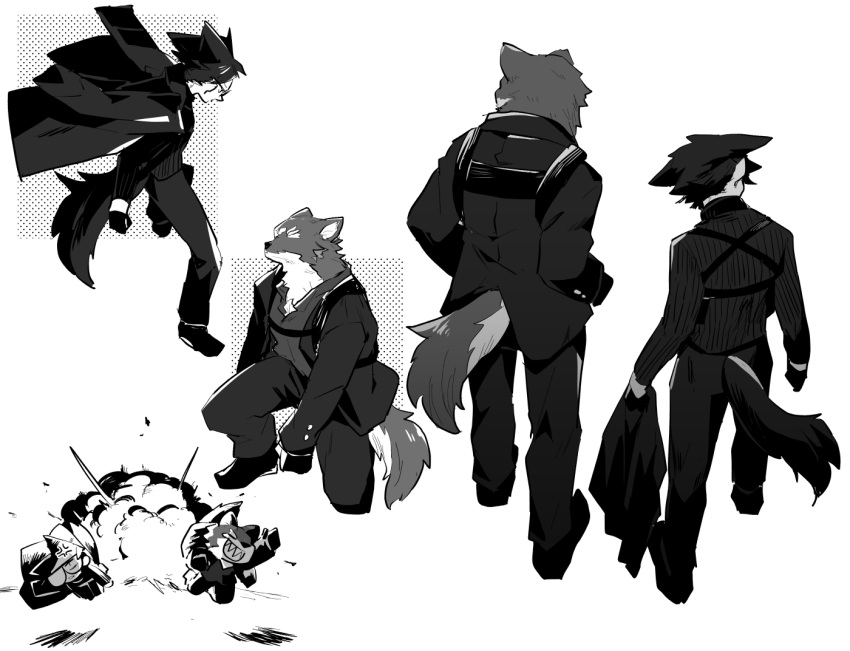 2boys, anger_vein, animal_ears, arknights, bishounen, brothers, capone_(arknights), chibi, explosion, formal, full_body, furry, gambino_(arknights), glasses, gloves, iwashi_80, male_focus, multiple_boys, siblings, simple_background, suit, tail, white_background, wolf_boy, wolf_ears, wolf_tail