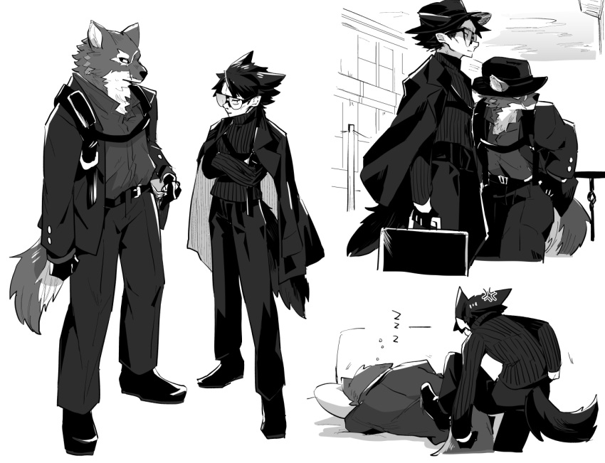 2boys, anger_vein, animal_ears, arknights, briefcase, brothers, capone_(arknights), formal, full_body, furry, gambino_(arknights), glasses, hat, iwashi_80, kicking, multiple_boys, siblings, simple_background, sleeping, suit, sweater, tail, white_background, wolf_boy, wolf_ears, wolf_tail