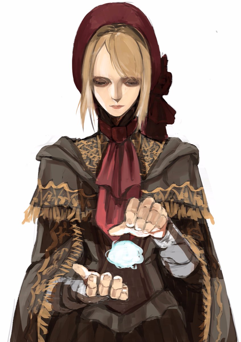1girl, ascot, bangs, blonde_hair, bloodborne, bonnet, cloak, closed_eyes