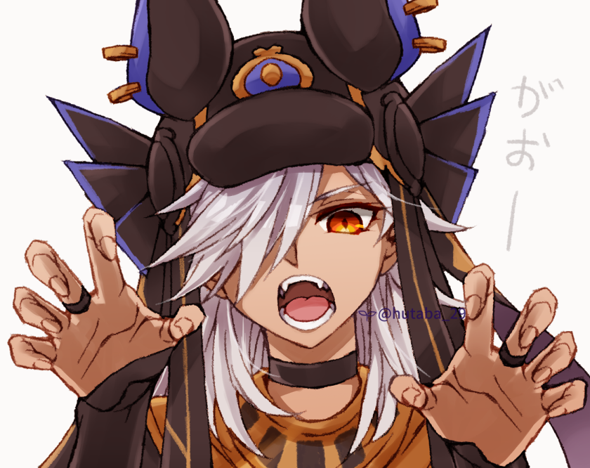 1boy, animal_ears, animal_hat, arabian_clothes, artist_name, bangs, black_choker, black_headwear