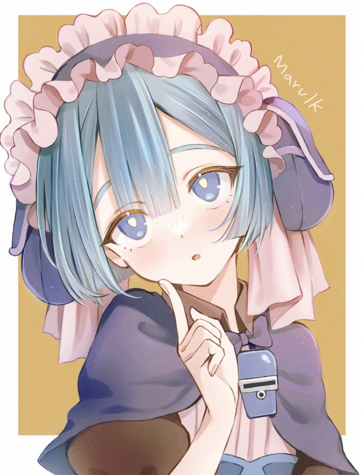 1boy, :o, bangs, blue_eyes, blue_hair, blunt_bangs, border, bow, bowtie, bright_pupils, brown_shirt, capelet, character_name, collared_shirt, commentary, crossdressing, finger_to_cheek, frilled_hairband, frills, hairband, hand_up, head_tilt, highres, looking_up, made_in_abyss, maid_headdress, male_focus, maruruk, open_mouth, orange_background, otoko_no_ko, outside_border, portrait, purple_bow, purple_bowtie, purple_capelet, shirt, short_hair, simple_background, solo, symbol-only_commentary, tomei_00, whistle, whistle_around_neck, white_border, white_pupils