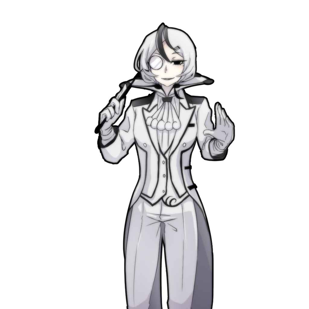 1girl, ascot, bangs, black_eyes, black_hair, black_lips, coattails, conductor
