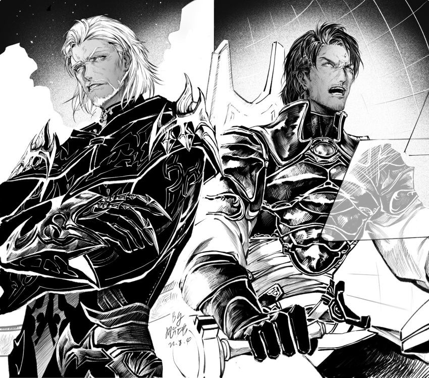 2boys, angry, armor, beard, black_gloves, black_hair, black_robe, breastplate