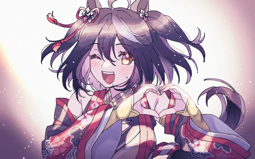 1girl, ahoge, animal_ears, bangs, bare_shoulders, black_hair, blush, breasts