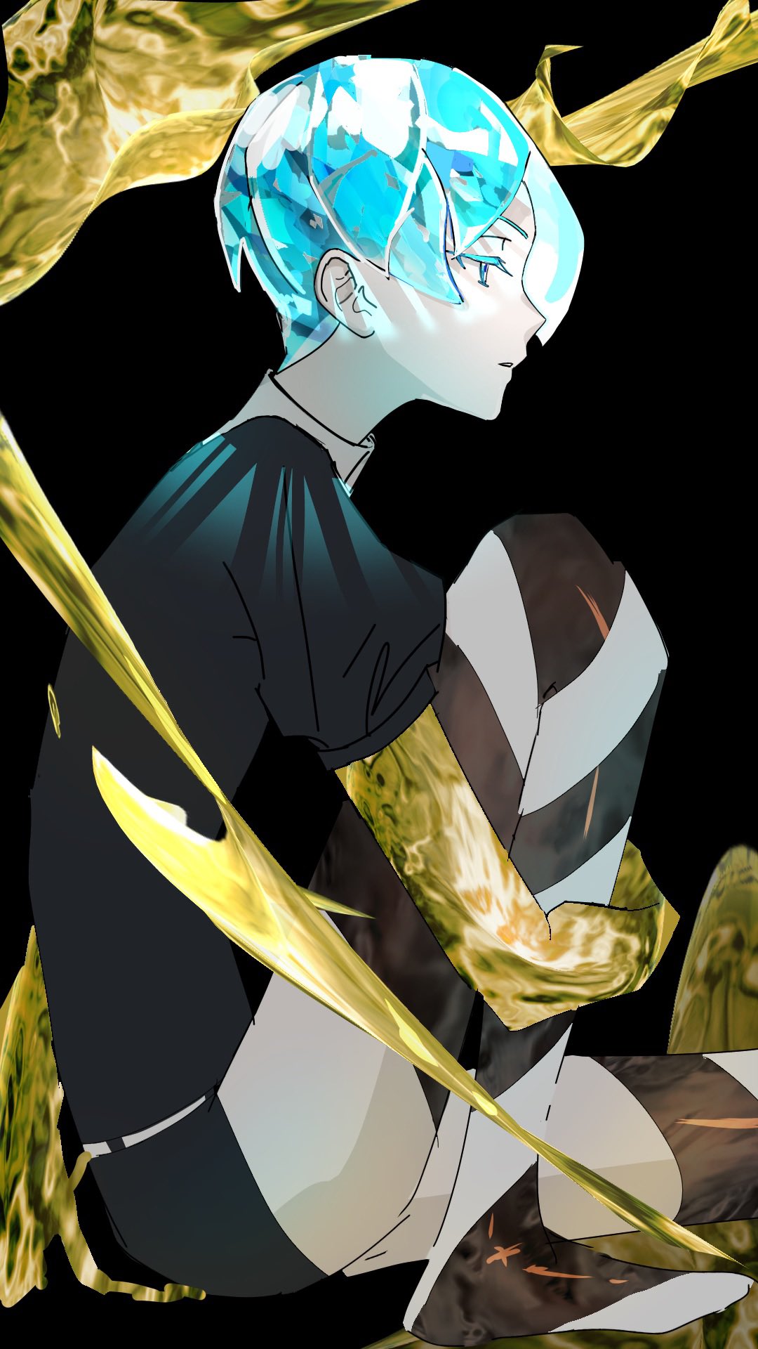 1other, androgynous, aqua_eyes, aqua_hair, arm_around_leg, bangs, belt, black_background