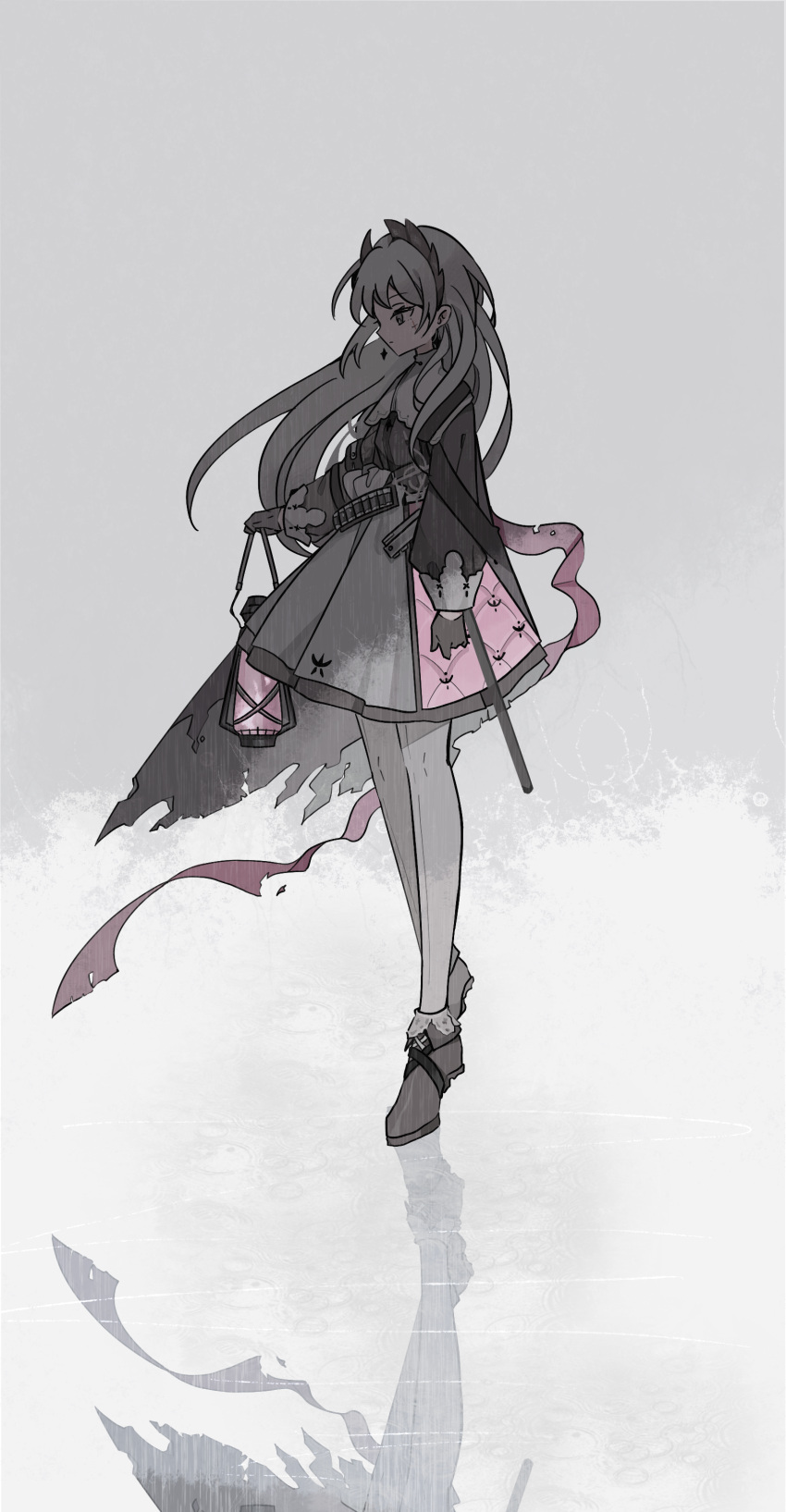 1girl, absurdres, ammunition_belt, arknights, bevelled_mirror, black_dress, black_footwear, black_gloves, dress, earrings, full_body, gloves, grey_eyes, grey_hair, hair_intakes, head_wings, highres, holding, holding_lantern, irene_(arknights), jewelry, lantern, long_hair, long_sleeves, looking_down, multicolored_clothes, multicolored_dress, pantyhose, pink_dress, reflection, scar, scar_on_face, shoes, solo, standing, white_dress, white_pantyhose