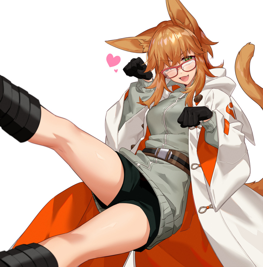 1girl, animal_ear_fluff, animal_ears, bangs, belt, black_shorts, boots, breasts