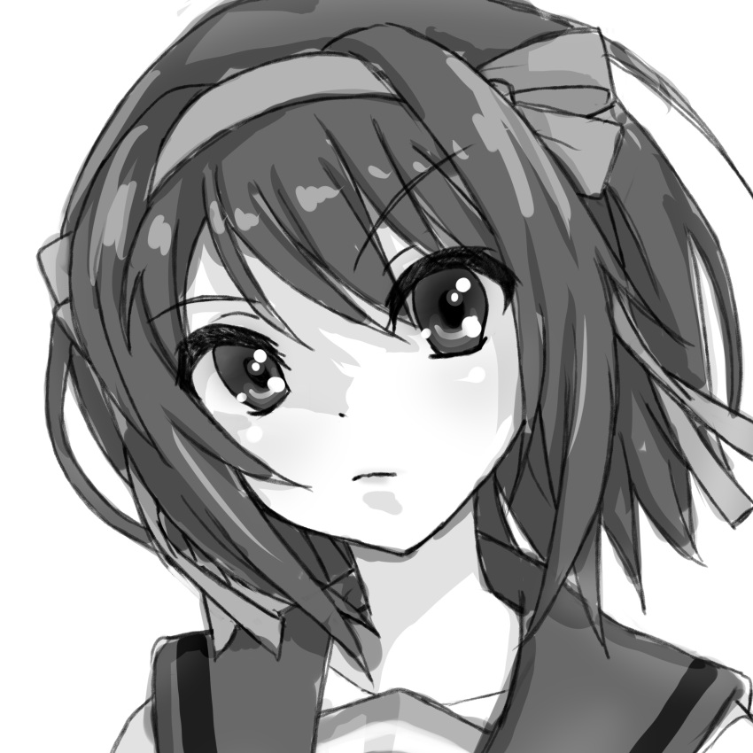 1girl, absurdres, bickle_(bickle1983), bob_cut, closed_mouth, greyscale, hairband, highres