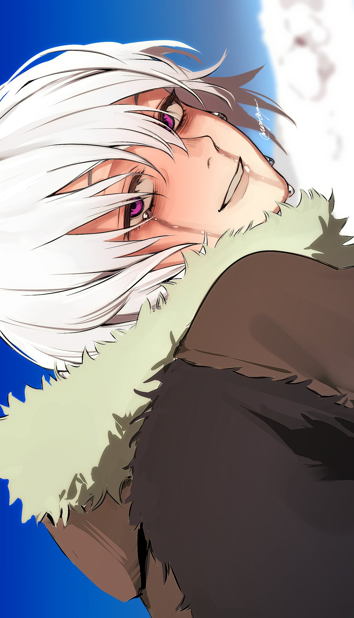 1boy, artist_name, bags_under_eyes, bangs, blurry, blurry_background, coat, commentary_request