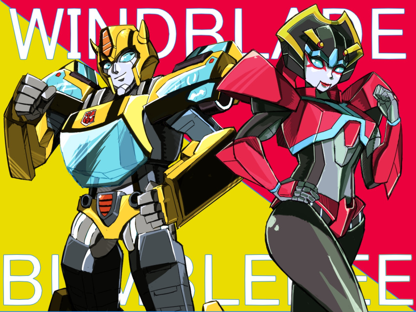 1boy, 1girl, alien, armor, blue_eyes, bra, bumblebee_(transformers), hand_on_hip, highres, humanoid_robot, looking_at_another, panties, red_lips, red_panties, robot, shoulder_armor, transformers, transformers_cyberverse, underwear, windblade