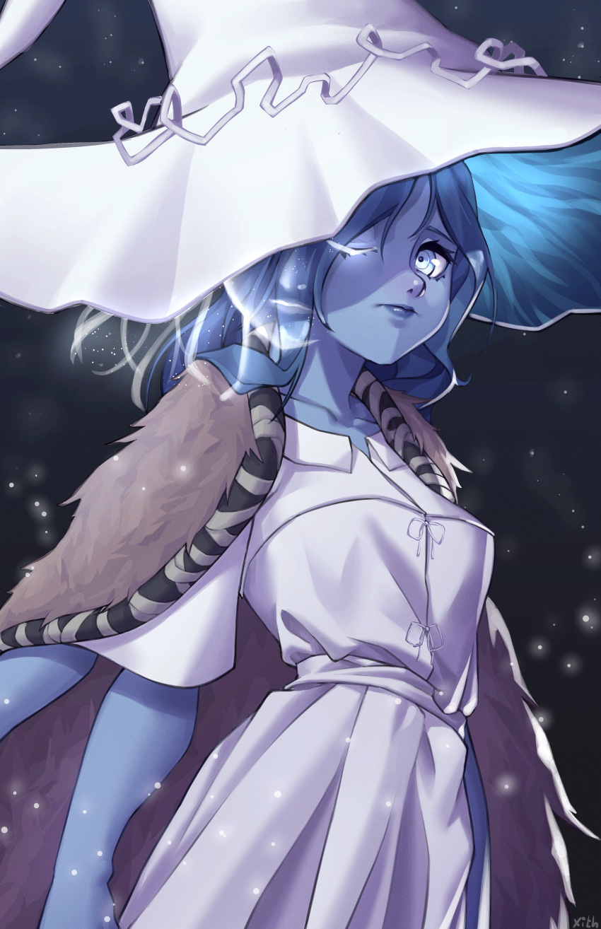 1girl, absurdres, black_background, blue_eyes, blue_hair, blue_lips, blue_skin, breasts