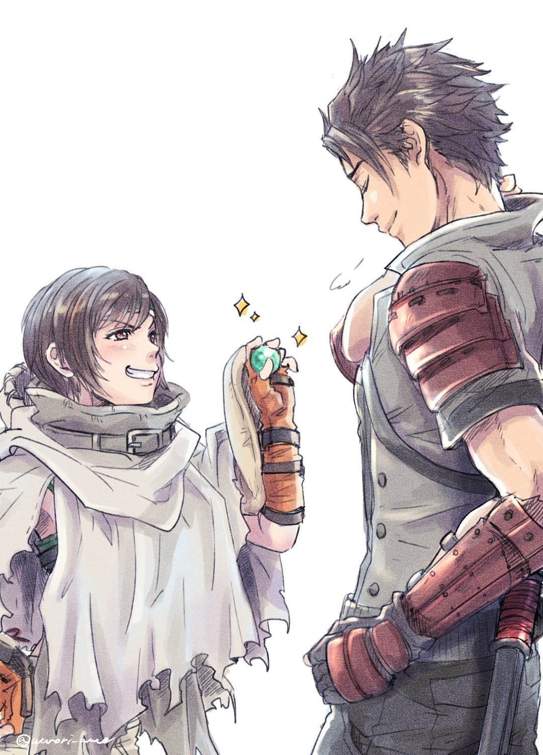 1boy, 1girl, arm_guards, armor, bangs, black_hair, brown_eyes, cloak