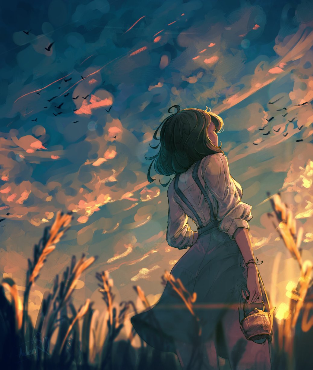 1girl, aidenr0, blue_skirt, blurry, blurry_foreground, clouds, cloudy_sky, cowboy_shot