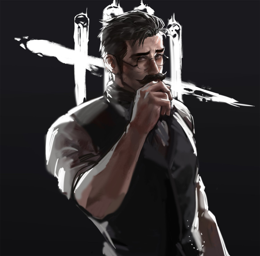 1boy, black_hair, black_vest, brown_eyes, collared_shirt, dead_by_daylight, dopey_(dopq), dwight_fairfield, facial_hair, glasses, highres, looking_at_viewer, male_focus, mustache, official_alternate_costume, shirt, short_hair, sideburns, sleeves_rolled_up, solo, upper_body, vest, white_shirt
