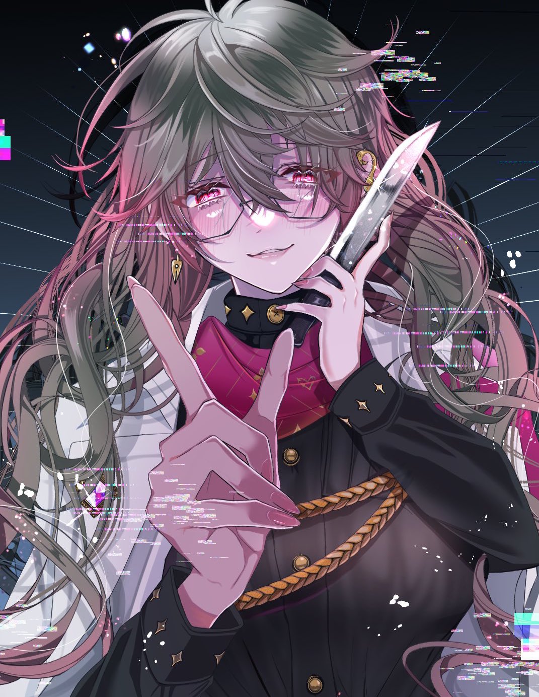 1girl, 6_may_6, bangs, black_background, black_shirt, blush, broken_eyewear, brown_hair, buttons, commentary, crossed_bangs, earclip, earrings, english_commentary, eyelashes, fingernails, genderswap, genderswap_(mtf), glasses, glint, glitch, gradient_hair, hair_between_eyes, hands_up, highres, holding, holding_knife, ike_eveland, ivy_eveland, jacket, jacket_on_shoulders, jewelry, knife, long_fingernails, long_hair, long_sleeves, looking_at_viewer, multicolored_hair, nail_polish, nijisanji, nijisanji_en, parted_lips, pink_nails, red_eyes, red_scarf, redhead, scarf, semi-rimless_eyewear, shirt, sidelocks, smile, solo, turtleneck, under-rim_eyewear, upper_body, virtual_youtuber, white_jacket