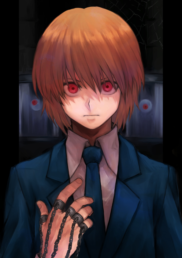 1boy, blue_necktie, blue_suit, chain, closed_mouth, disembodied_eye, eyeball, fingernails