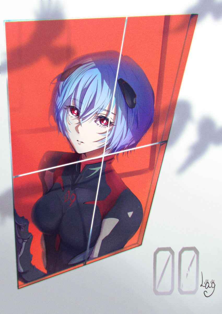 1girl, absurdres, animal, ayanami_rei, bird, black_bodysuit, blue_hair, bodysuit