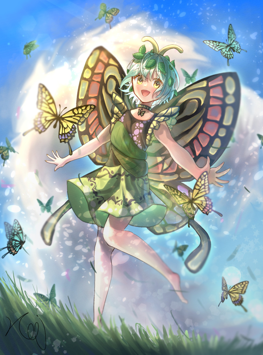 1girl, animal, antennae, aqua_hair, barefoot, blush, bug, butterfly, butterfly_wings, day, dress, eternity_larva, fairy, green_dress, hair_between_eyes, highres, kopi_(user_ajtn7422), leaf, leaf_on_head, multicolored_clothes, multicolored_dress, open_mouth, short_hair, short_sleeves, signature, smile, solo, touhou, wings, yellow_eyes
