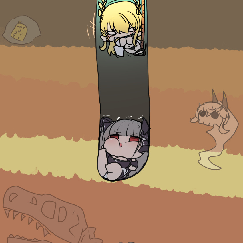 2girls, akaoni_(zumt3548), azur_lane, blonde_hair, chibi, dress, formidable_(azur_lane), fossil