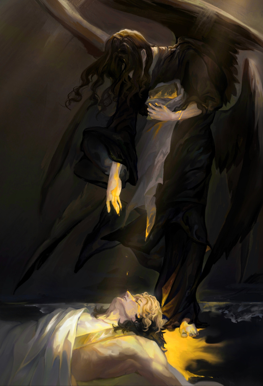 2boys, absurdres, adam_(lord_of_the_mysteries), angel, bangs, bare_pectorals, barefoot, black_hair