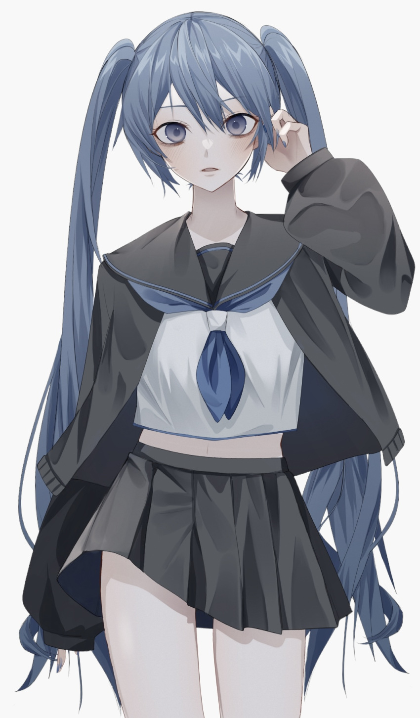 bangs, blue_eyes, blue_hair, blush, hand_up, hatsune_miku, highres, long_hair