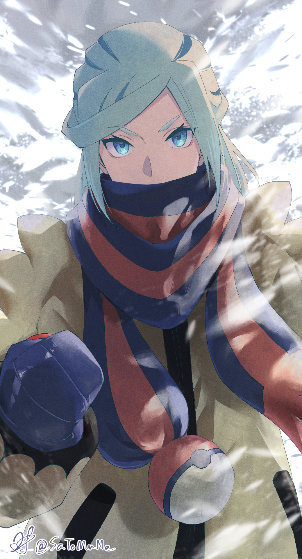 1boy, aqua_hair, blue_eyes, commentary_request, day, eyelashes, grusha_(pokemon), highres