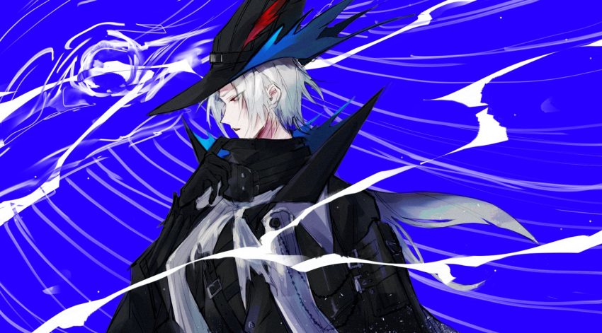 1boy, adjusting_clothes, adjusting_collar, arknights, bangs, black_gloves, blue_background, commentary