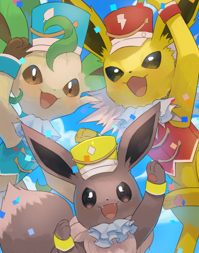 :d, brown_eyes, clothed_pokemon, commentary_request, confetti, eevee, fangs, hat