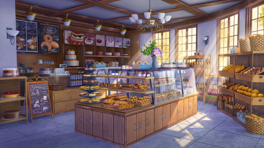 absurdres, backlighting, bakery, bread, cake, cash_register, commentary_request, english_commentary