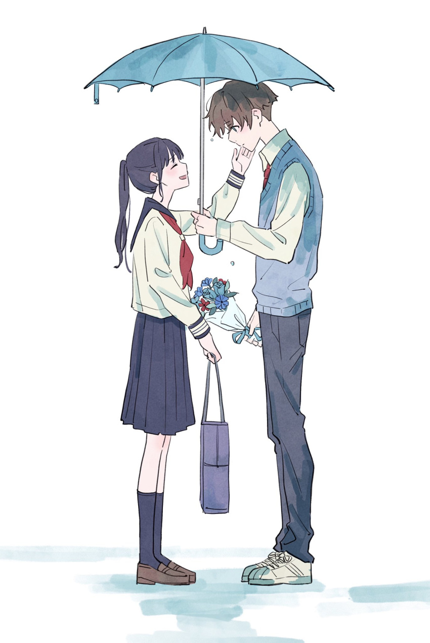 1boy, 1girl, bag, black_hair, black_sailor_collar, black_skirt, black_socks, blue_sweater_vest