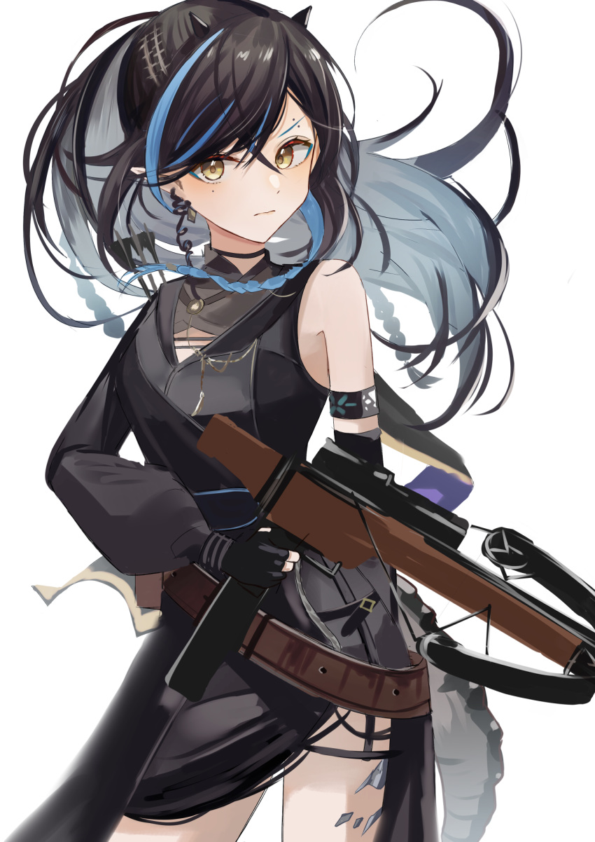 1girl, arknights, azuazu_0405, bangs, black_hair, blacknight_(arknights), blue_hair, braid