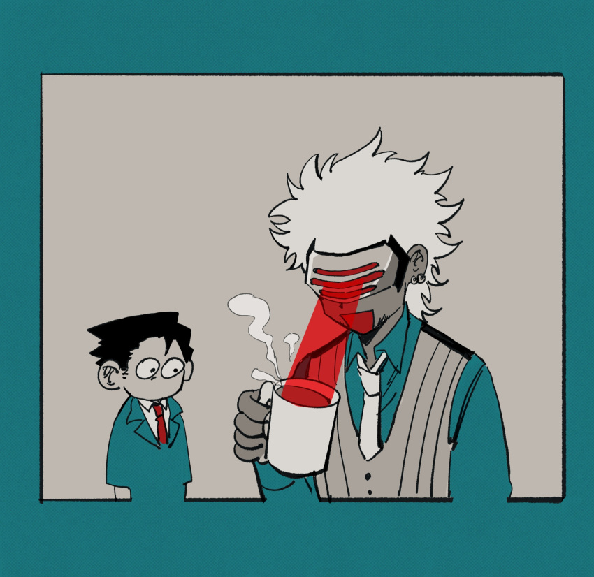 2boys, 79x_(ox79xo), ace_attorney, black_hair, coffee, coffee_mug, cup, dark-skinned_male