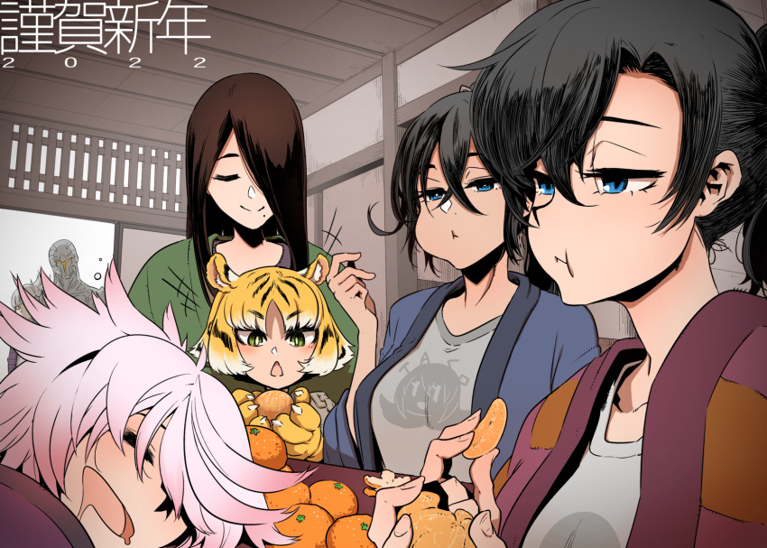 2022, =_=, animal_hands, black_hair, blue_eyes, breasts, brown_hair, character_request