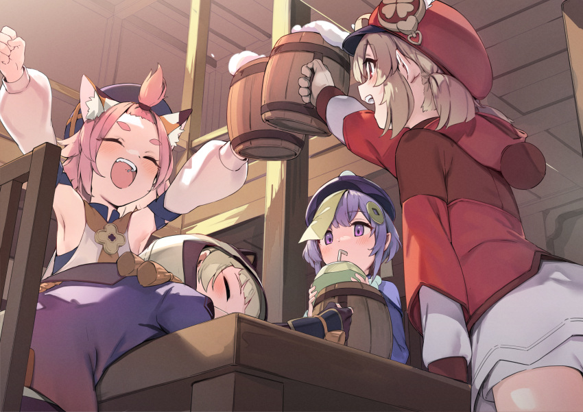4girls, animal_ear_fluff, animal_ears, arm_up, armpits, arms_up, black_gloves, black_headwear