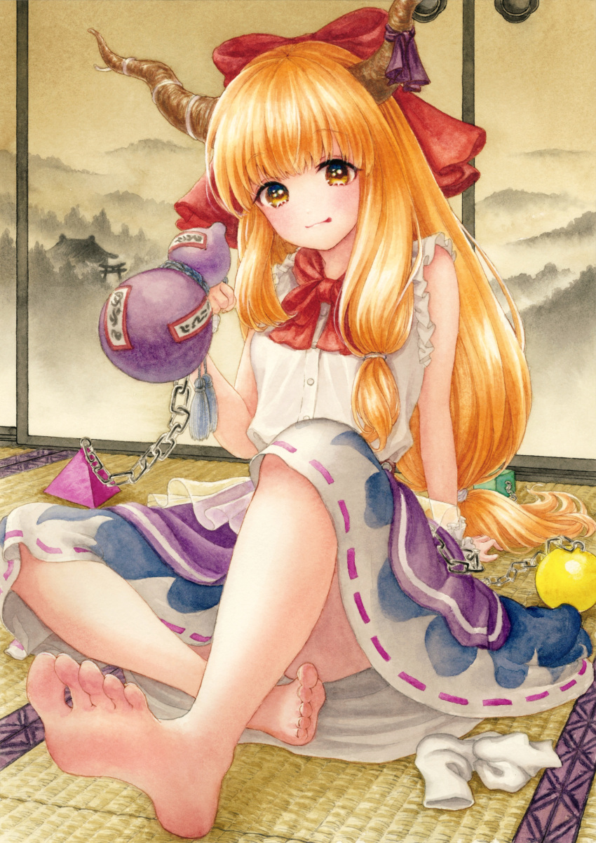 1girl, :p, absurdres, barefoot, blue_skirt, bow, chain, check_commentary, colored_pencil_(medium), commentary, commentary_request, feet, gourd, highres, holding_gourd, horn_bow, horn_ornament, horns, ibuki_suika, indoors, long_hair, looking_at_viewer, neck_ribbon, orange_eyes, orange_hair, painting_(medium), ribbon, shirt, sitting, skirt, sleeveless, sliding_doors, smile, socks, socks_removed, soles, solo, tameki_(user_jvnr8444), tatami, toenails, toes, tongue, tongue_out, touhou, traditional_media, very_long_hair, watercolor_(medium), white_shirt, white_socks