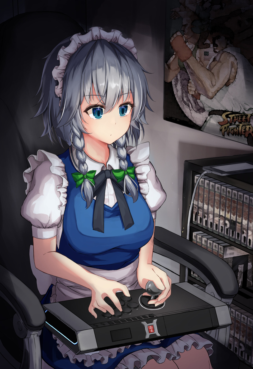 1girl, absurdres, apron, blue_eyes, blue_vest, bow, braid, controller