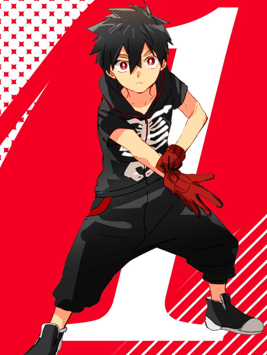 1boy, adjusting_clothes, adjusting_gloves, black_footwear, black_hair, black_hoodie, black_pants, full_body, gloves, hair_between_eyes, highres, hinata_(ryohinata), hood, hood_down, hoodie, kemono_jihen, kusaka_kabane, looking_at_viewer, male_focus, pants, red_eyes, red_gloves, shoes, short_hair, short_sleeves, skeleton_print, solo, standing