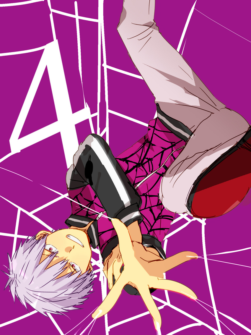1boy, grey_hair, highres, hinata_(ryohinata), kemono_jihen, long_sleeves, looking_at_viewer, male_focus, pants, purple_background, purple_shirt, shirt, short_hair, silk, simple_background, solo, spider_web, spider_web_print, tademaru_shiki, upside-down, violet_eyes, zipper