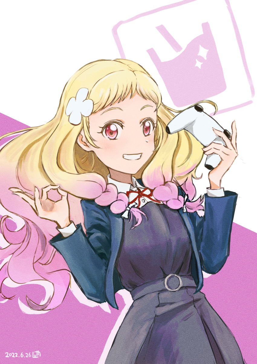 1girl, bangs, blonde_hair, braid, commentary, controller, dated, flower