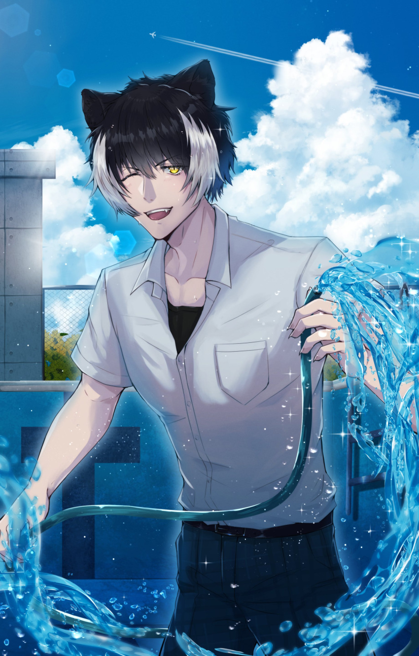 1boy, ;d, absurdres, alternate_costume, animal_ears, bangs, black_hair, black_pants
